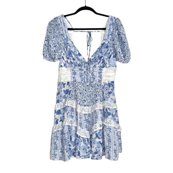 NWT Altar’d State Aderny Patchwork Blue Floral Mini Dress XL - Picture 4 of 10
